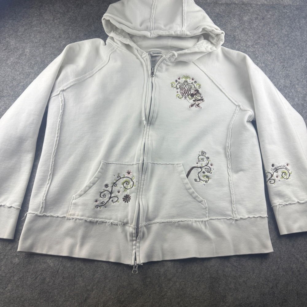 Disneyland Resort Minnie Mouse White Embroidered Zip Hoodie XXL Raw Edge Floral